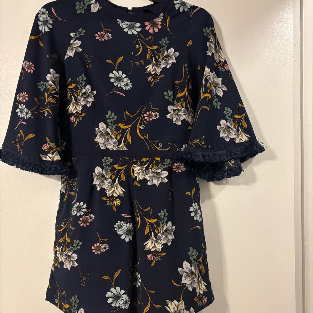 Floral Navy Blue Jumpsuit (romper) with Fringe Sleeves